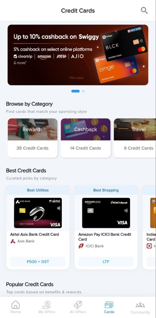 CardOff Credit Cards screen